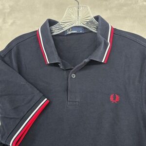 Fred Perry Polo Shirt Mens Medium Navy Blue Red White Twin Tipped Laurel Wreath